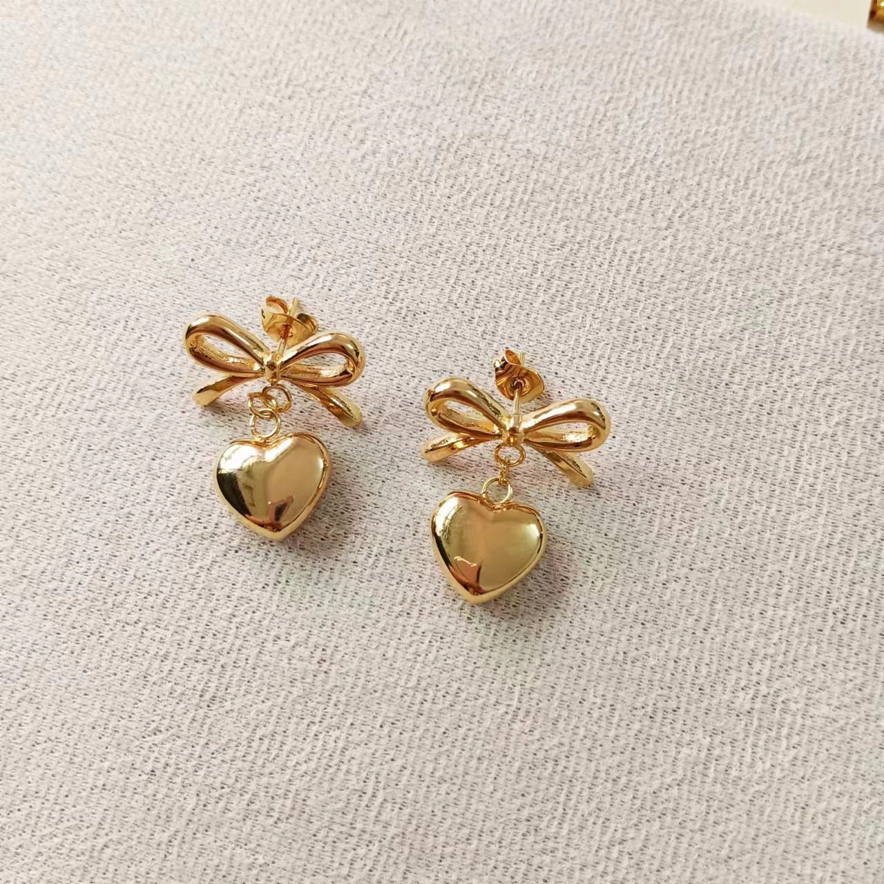 Drop Earrings Classification 1 Pair Quantity Real Gold Plated Heart Shape Bow Knot Titanium Steel Simple Style Classic Style Waterproof Non Tarnish Drop Earrings