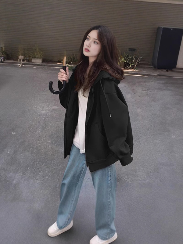 春秋灰色宽松开衫外套中长款卫衣女设计感秋季上衣纯色拉链|undefined