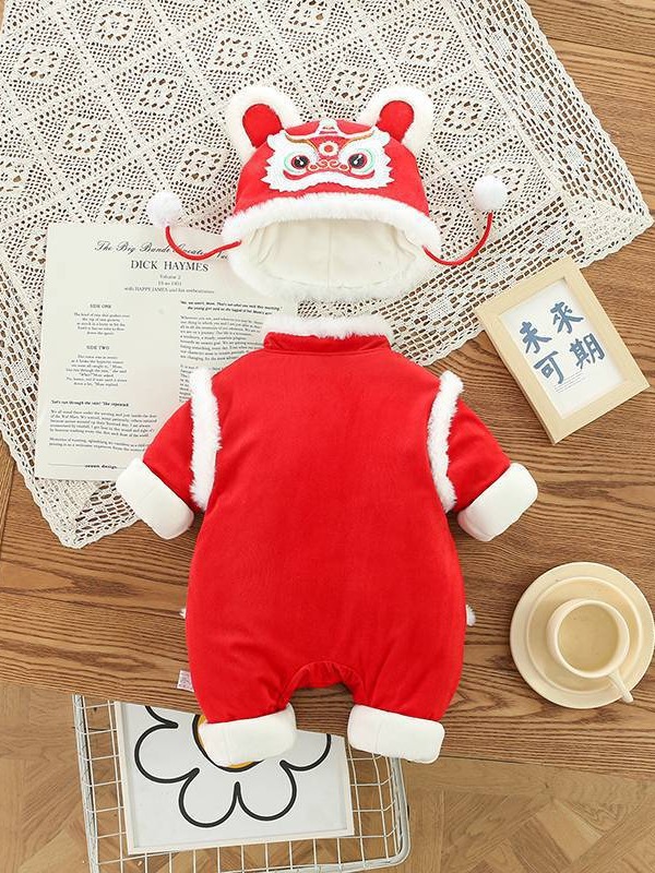 Ropa de bebé gruesa de algodón acolchado ropa de bebé infantil forrada de vellón engrosada festiva ropa de felicitación de Año Nuevo del bebé estilo nacional dragón imagen patchwork manga mameluco