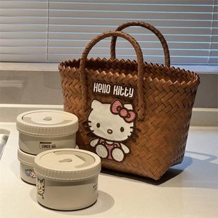 Hellokitty Vegetable Basket Hand-Woven Handbag Large Capacity Class Commuter Bag Toiletry Bag for Girlfriend
