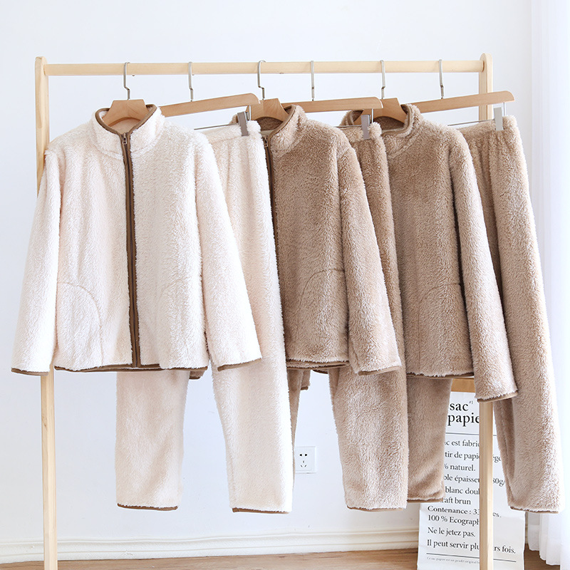 New Coral Velvet Pajamas for Women in Autumn and Winter Thickeneded Warm Zipper Flannel Japanese Style Pure Color Home Wear Set