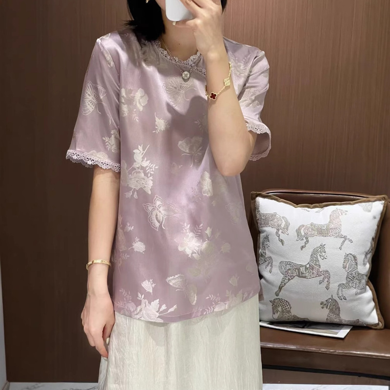 Silk Rose Butterfly Patchwork Lace Top Shirt T-Shirt Elegant Round Neck Silk Short-Sleeve Shirt for Women