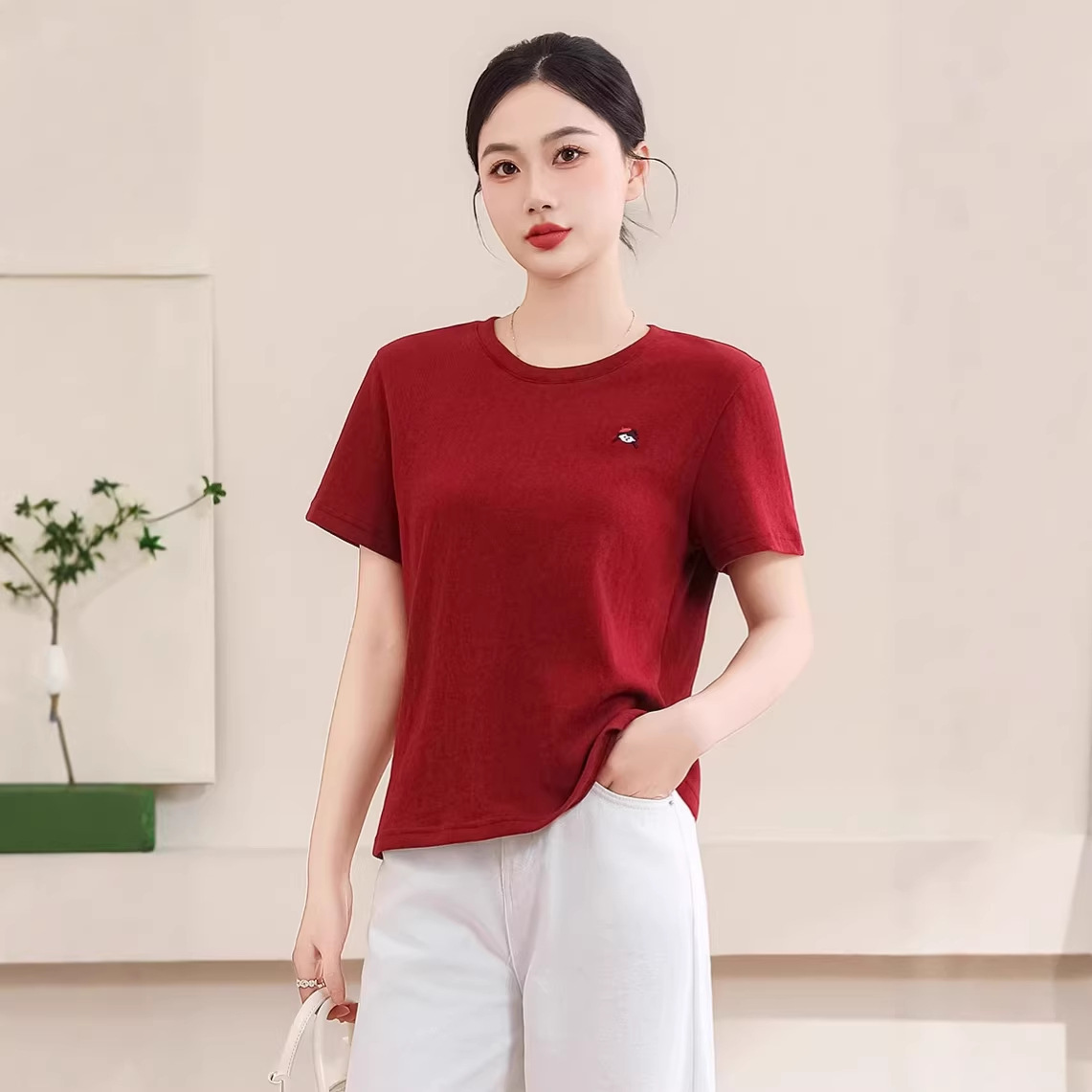 亚麻肩线短袖女纯色内搭莱赛尔小女孩刺绣女上衣宽松圆领T恤2605