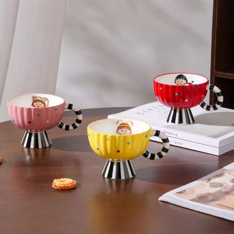 Cereza bola auténtica taza de cerámica de pie alto manejo creativo de punto de onda taza de café de mujer taza de helado de pareja