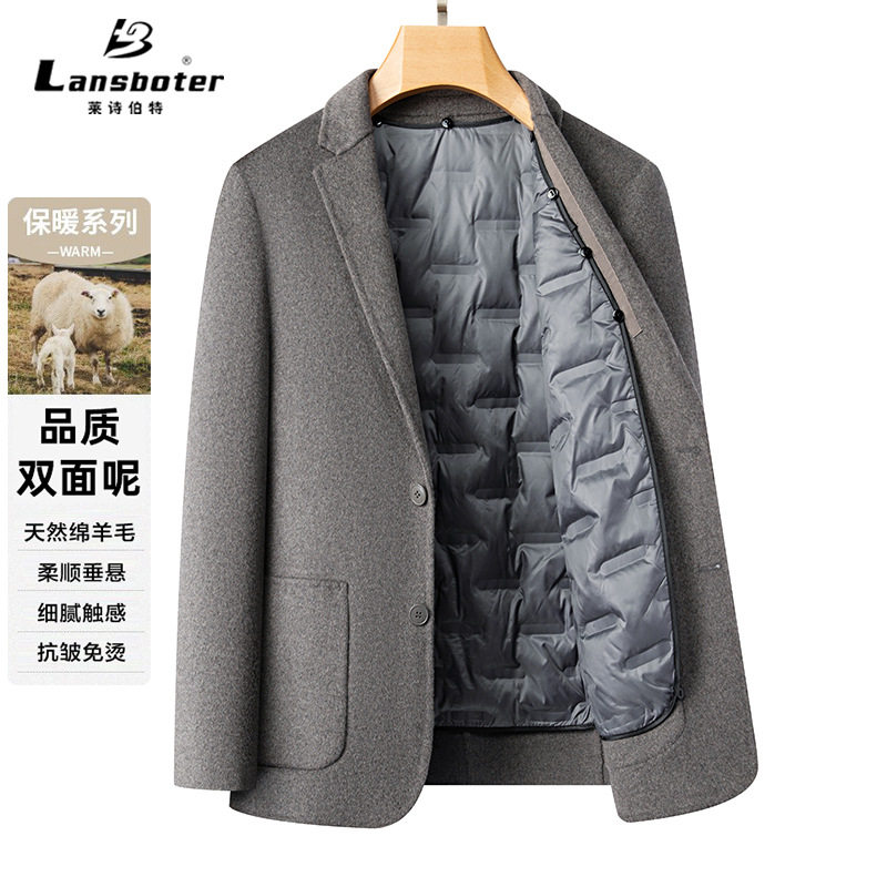 Áo vest nam dạ len hai mặt có lớp lót lông vũ tháo rời, tay dài, cổ vest — Cà phê xám, màu xám đậm, đen