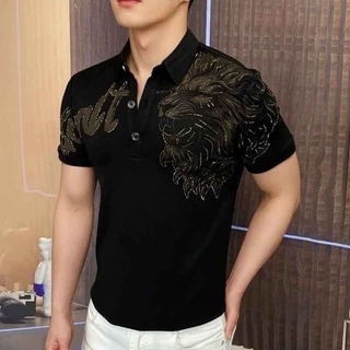 欧洲站夏季新款短袖POLO衫刺绣烫钻韩版翻领半袖T恤狮子头上衣男
