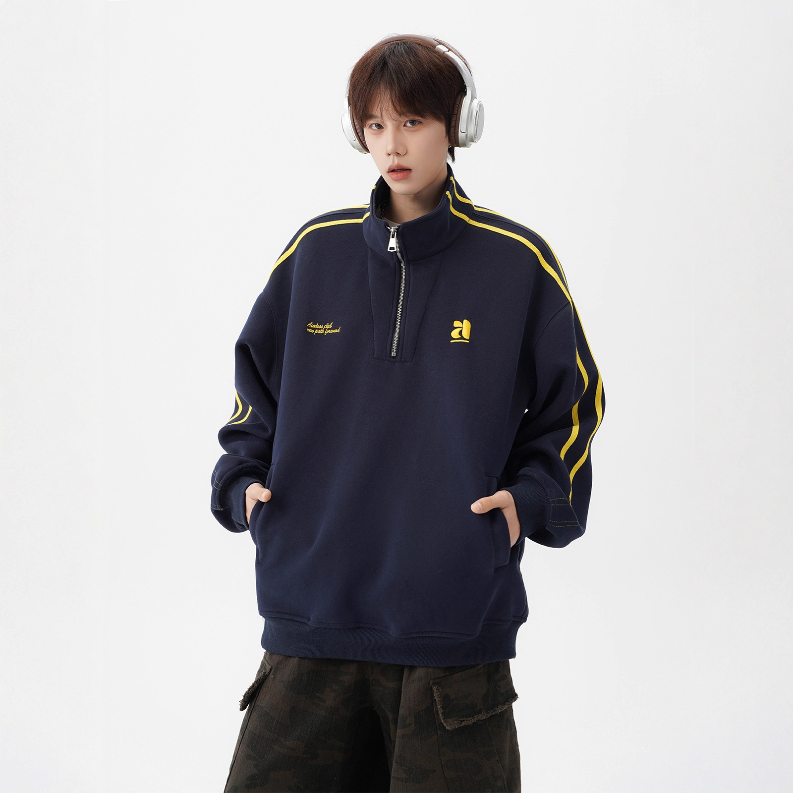 American Striped Stand-up Collar Couple Sweater Men's Autumn Tide Brand Retro Half-zipper Top Design Sense Heavy Sports Jacket_viptrois.com