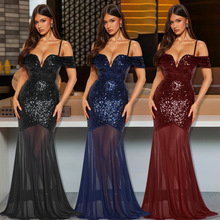 CY901549欧美跨境亮片连衣裙新款晚礼服性感吊带珠片拼接网纱款女