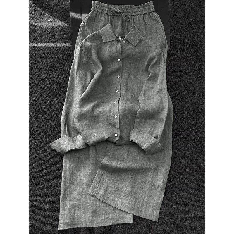 2026 Summer Old Money Style Relaxed and Slimming Gray Long-Sleeve Fashion Shirt and Pants Two-Piece Set