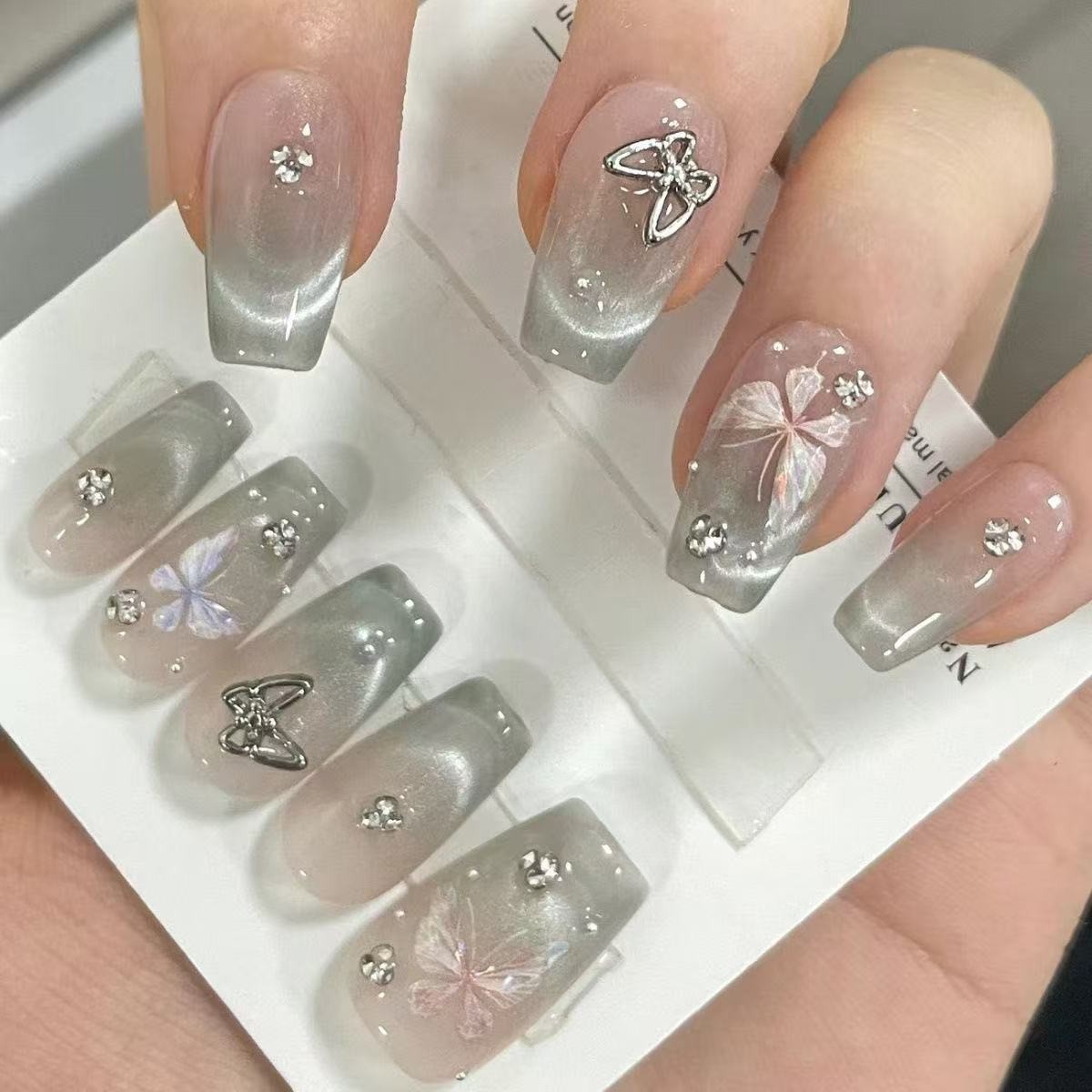 Uñas postizas hechas a mano con diamantes de imitación brillantes, estilo popular, uñas postizas de alta gama, estilo puro y sensual, efecto iluminador, piezas de uñas postizas hechas a mano.