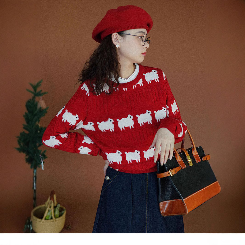 Diana's lamb 50 wool blended twisted vintage sweater New Year red classic black sweater for women