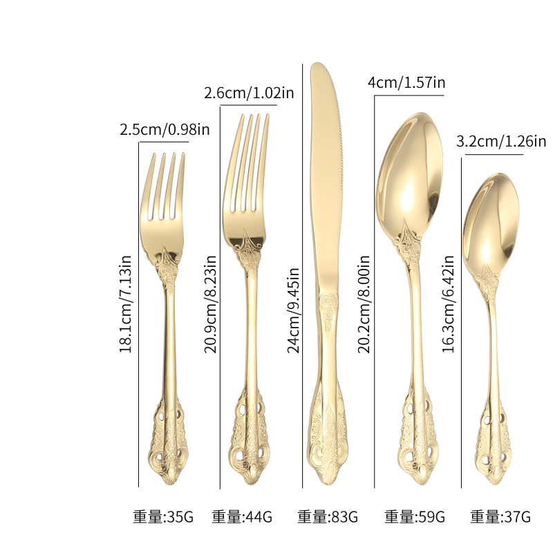 Amazon Venta caliente 18/8 vajilla de acero inoxidable cuatro piezas traje creativo corte cinco piezas principales cuchillo, tenedor y cuchara traje caja de regalo