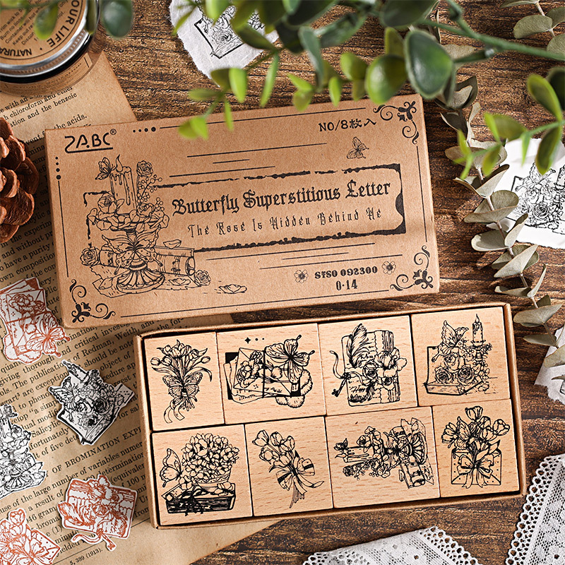 Mariposa fanciosa carta de madera sello de botella de mano flor de plantas retro sello de botella de mano flor retro