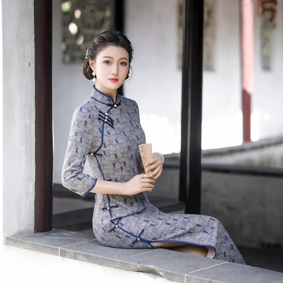 长袖旗袍秋冬保暖连衣裙中年女妈妈格子日常穿礼服大码复古民国风