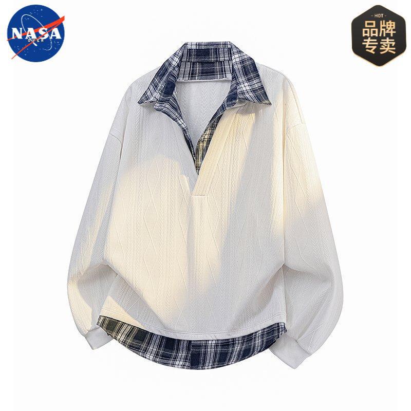 Nasaover Brand Autum American Plaid Long-Sleeved T-Shirt Polo Shirt Sweatshirt Men's Casual Fake Two-Piece Top