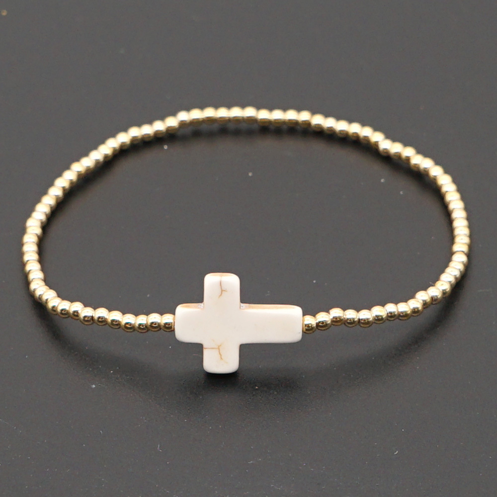New Simple Acrylic Gold-plated Non-fading Beaded White Turquoise Cross Bracelet display picture 4
