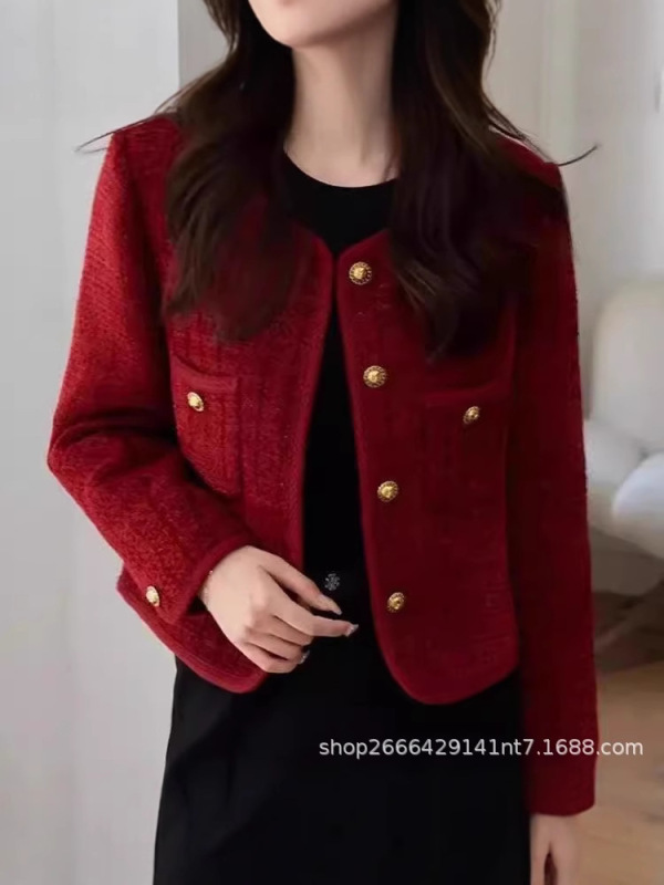 酒红色小香风外套女秋冬高级感小个子法式气质名媛粗花呢上衣毛呢|undefined