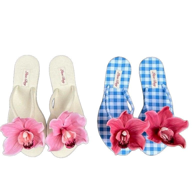 Chanclas con flores, sandalias tipo thong, exportadas por tiendas departamentales, textiles para el hogar, EVA