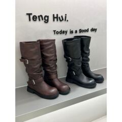 壹米恩2025年小众设计不过膝长靴女褶皱堆堆靴圆头高筒靴子骑士靴