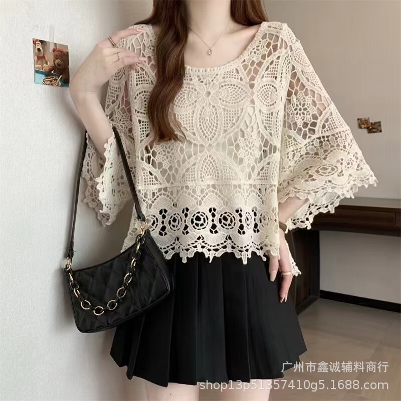 Crochet Flower Chic Hollow Sweater Summer New Lace Loose Pullover Long Sleeve All-match Blouse Top