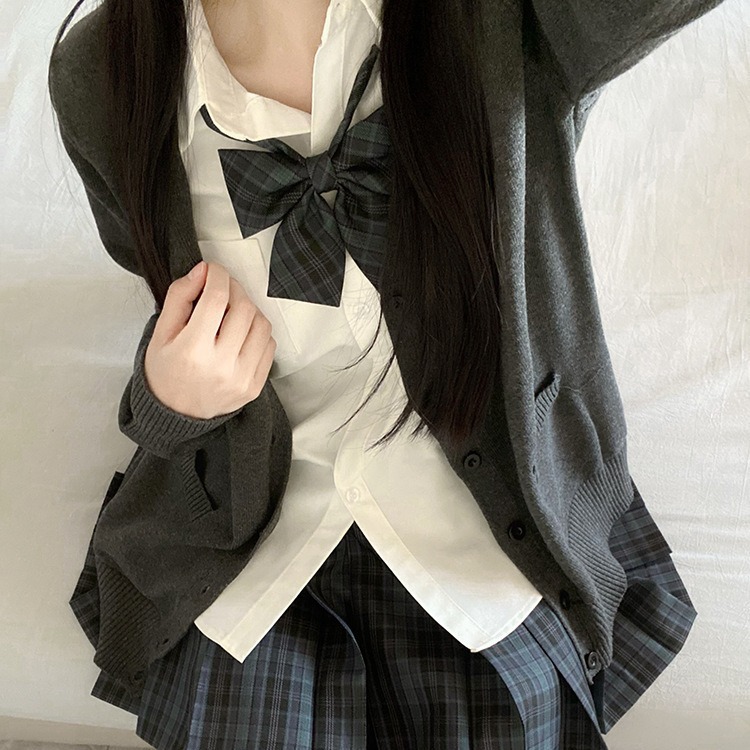 (2개) 원래 JK 유니폼 가을과 겨울 세트 스웨터 카디건 코트 체크 무늬 스커트 셔츠 여성을위한 긴 소매 다용도 학교