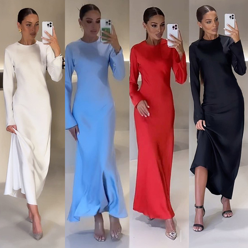 European and American 2024 spring foreign trade new cross-border Amazon independent station sexy solid color women's horn sleeve length dress