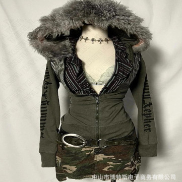Cross-border New American Fashion Slim-fit Slim Plush Brim Hooded Zipper Cardigan Jacket Waist Top