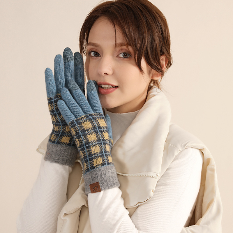 大人用ウール冬用手袋 女性用 日韓風 格子柄 アウトドア 保温 防寒 裏起毛 ニット サイクリング フルフィンガーグローブ|undefined