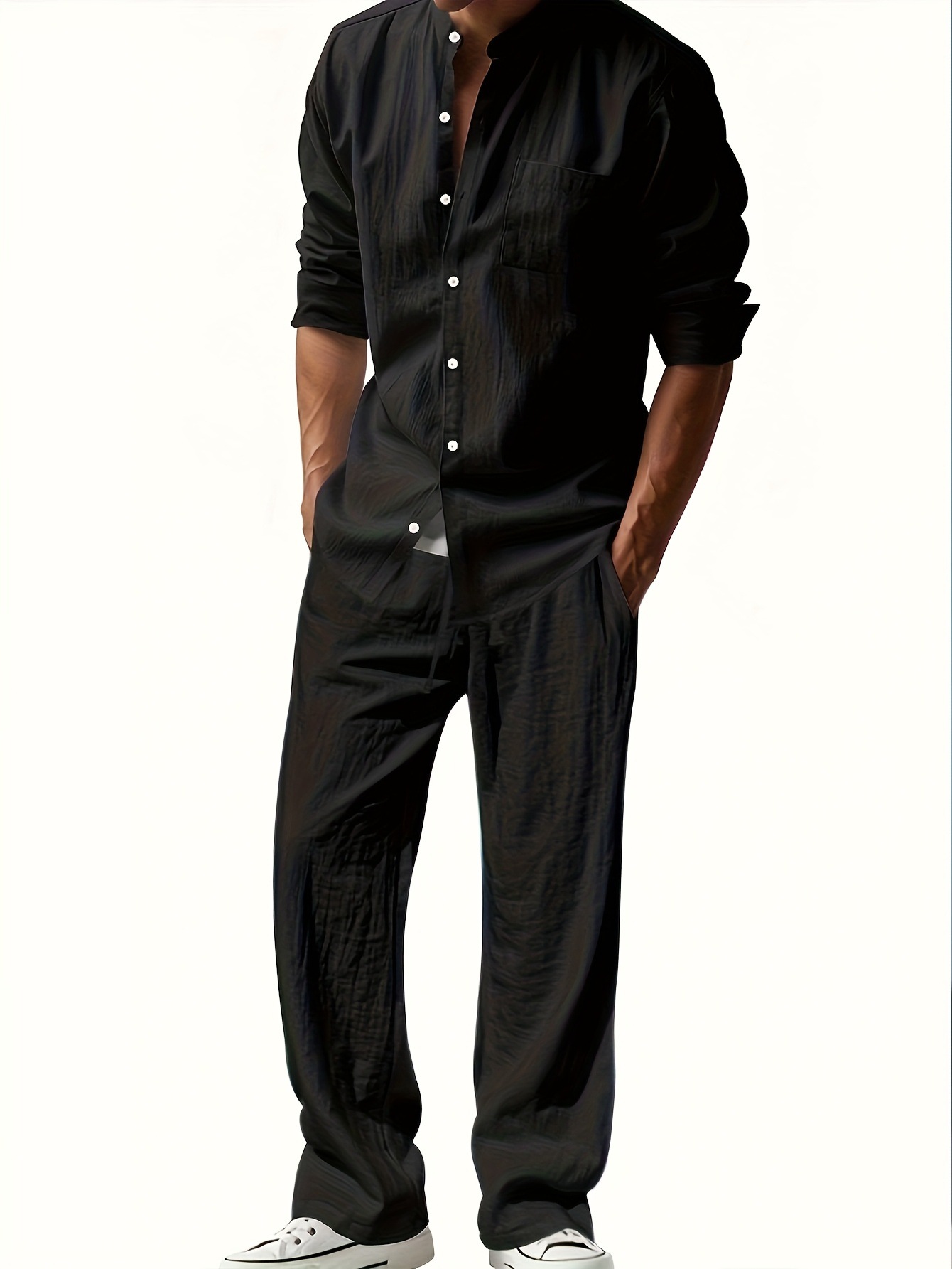 Men's Casual Linen Shirt And Trouser Set All-Season Breathable Loose Fit Long-Sleeved Versatile Cool American Style_viptrois.com