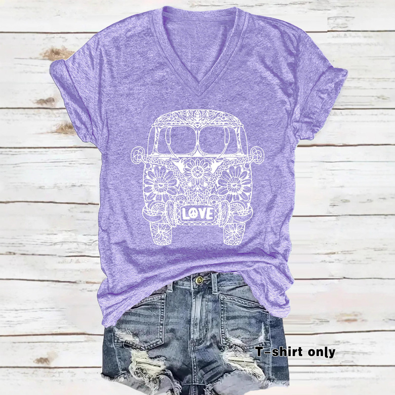 Cross-Border European and American Short-Sleeved Women's T-Shirt Hippie Truck Fashion Loose Casual Short-Sleeved V-Neck T-Shirt Women's Cross-Border E-Commerce Cross-Border European and American Short-Sleeved Women's T-Shirt Hippie Truck Fashion Loose Casual Short-Sleeved V-Neck T-Shirt Women's Cross-Border E-Commerce