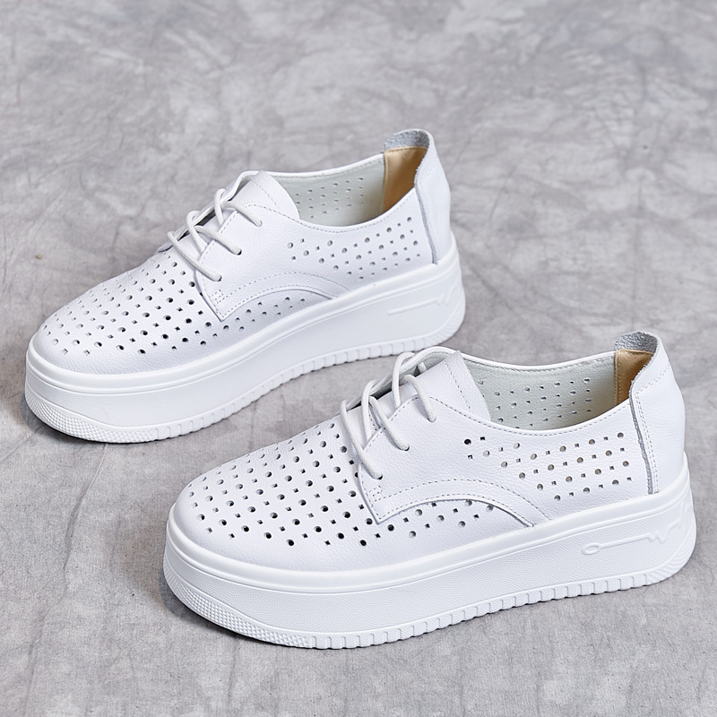 4cm Thick-soled Height-increasing Shoes Women's Spring and Summer Fashionable White Shoes Genuine Leather Hollow-out Breathable Hole Shoes Women's Casual All-match