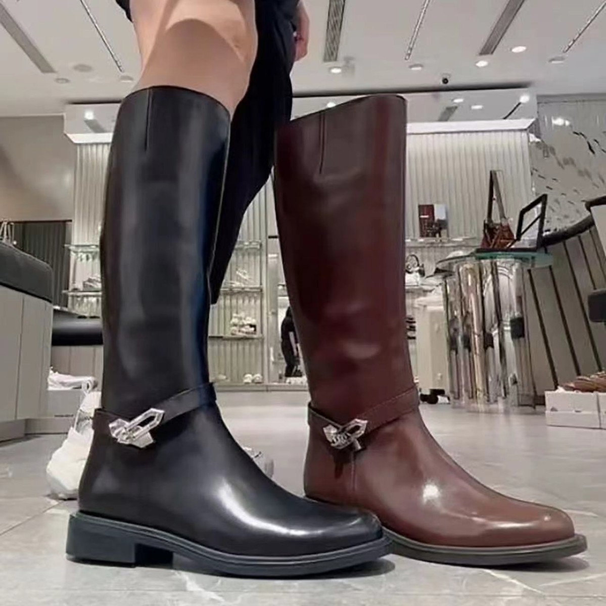 厚底骑士靴女2025秋冬新款粗跟银扣复古百搭高筒靴侧拉链长筒靴女