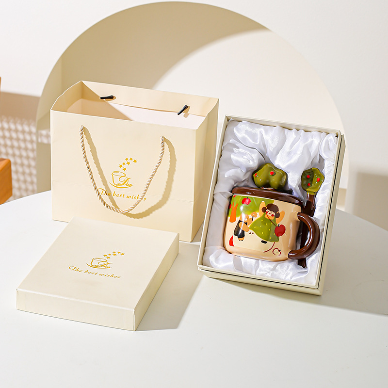 Apple Tree Girl cerámica vintage taza de alto valor con cuchara de cubierta taza de agua de oficina taza de café taza de desayuno