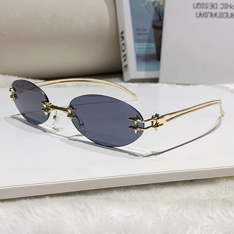 Occhiali da sole retrò ovali a cinque punte senza montatura da donna, stile coreano, alla moda, unisex, popolari su Instagram_voghion.com