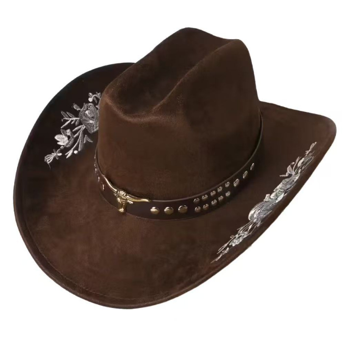 Retro broderad cowboyhatt i mocka för män med brett brätte_voghion.com