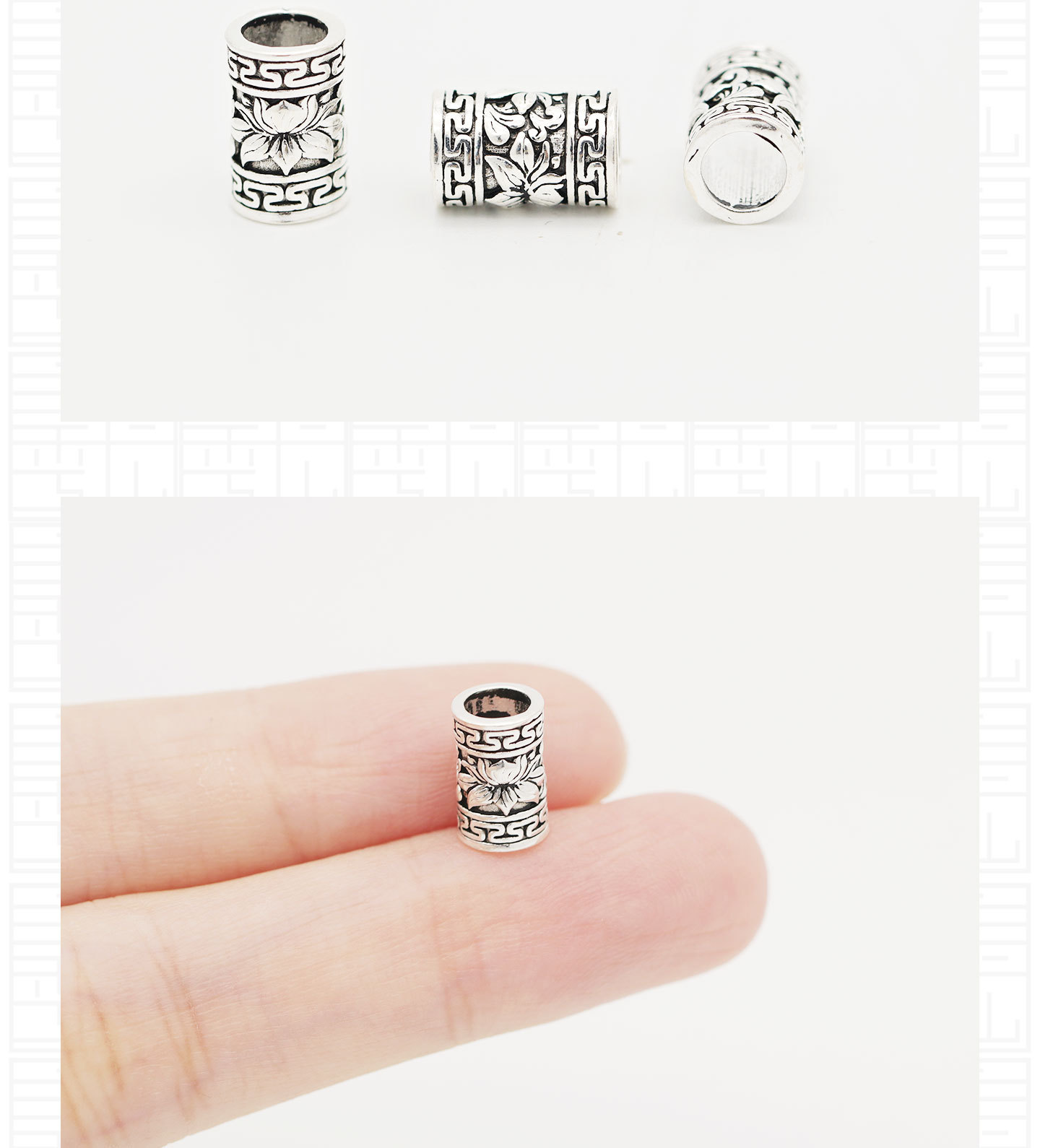 S925 Sterling Silver Spacer Beads, Vintage-Style Water Lily Lotus Small Barrel Beads, Long Barrel Beads with Pattern, DIY Bracelet Beading Silver Accessories