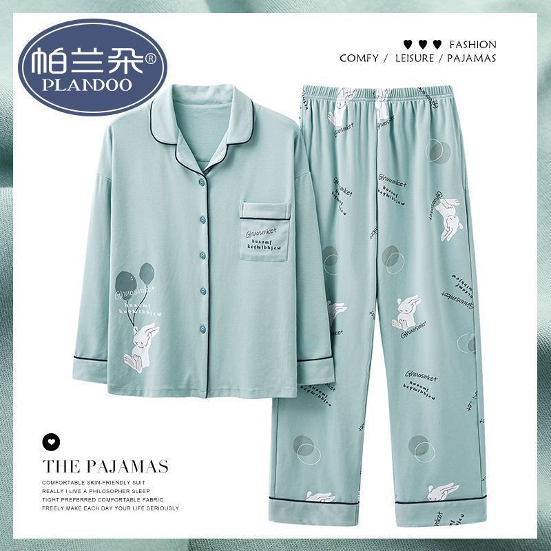 Pijama de algodón femenino primavera y otoño mangas largas dulces y sueltas grande otoño y invierno conjunto de ropa para el hogar