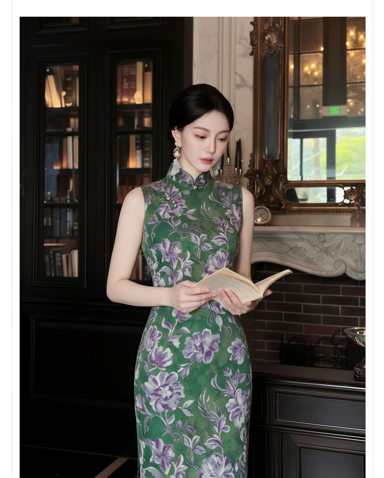 Đầm ôm body nữ dài tay in họa tiết hoa xanh cổ điển — xanh lá cây chi tiết 4