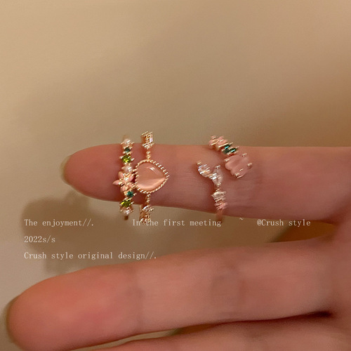 Double-layered love zircon open ring for women, sweet design, niche high-end index finger ring, internet celebrity adjustable ring