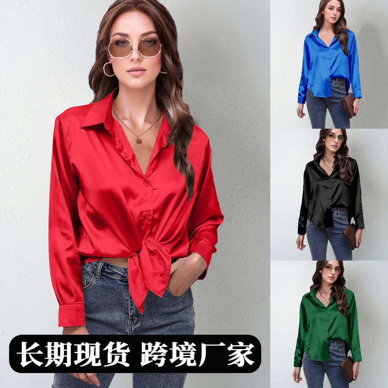 Cross-Border Popular Spring and Summer New Satin Shirt Women's Imitation Silk Long-Sleeved Shirt Top European and American Foreign Trade Women's Clothing