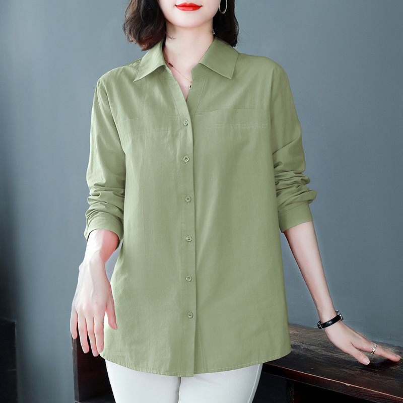 Loose-fitting long-sleeve shirt for middle-aged women, new spring and autumn style, collared top, plus-size casual pure cotton shirt for middle-aged and elderly women