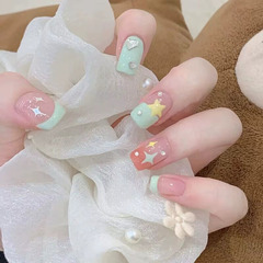 抹茶法式穿戴甲高級感夏天美甲成品中長款指甲貼片顯白假指甲甲片