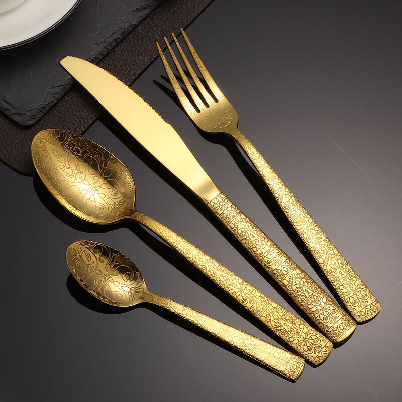 Thickened Stainless Steel Full-Patterned Knife, Fork, and Spoon Tableware Set for Hotel and Home Use, Gold-Colored Western-Style Knife, Fork, and Spoon Four-Piece Set