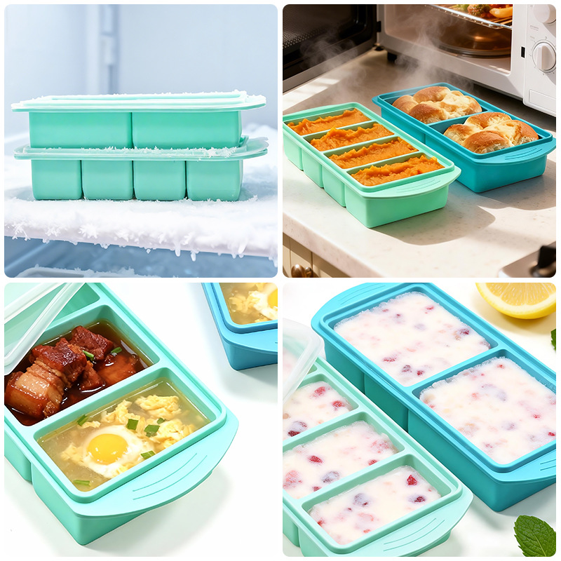 Transfronterizo de silicona gran molde de rejilla de hielo cuadrado con cubierta caja de alimentos suplementarios domésticos caja de congelación fácil de desmoldear caja de conservación de frescura de silicona