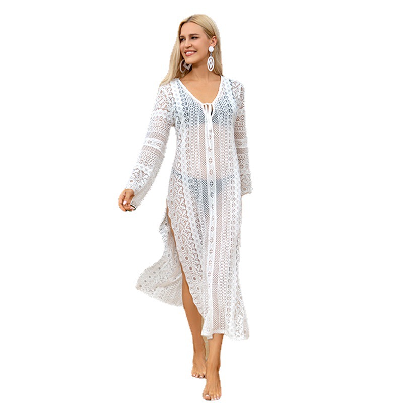 Cross-border 2022 verano nuevas mujeres europeas y americanas de malla bordada suéter Holiday Hollow Beach blusa de protección solar en stock