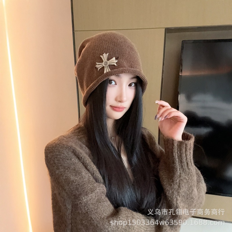 韩版ins风卷边十字架堆堆帽女秋冬保暖防风显脸小针织帽百搭冷帽|undefined