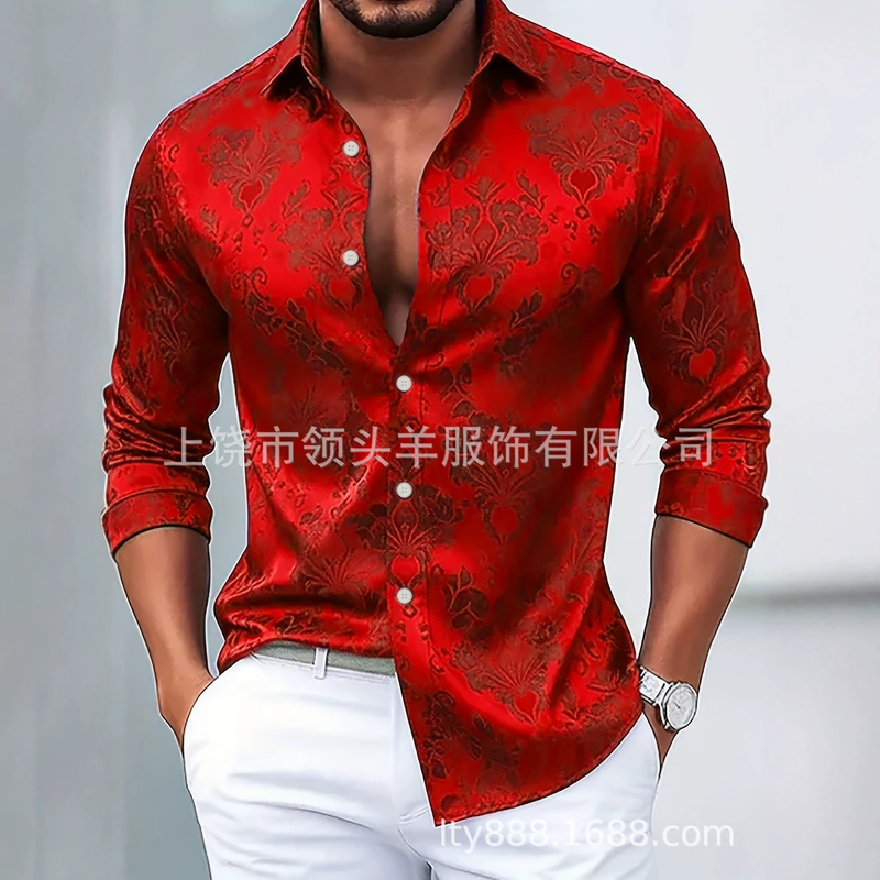 Vintage Chinese red baroque patterned long-sleeve shirt, a high-end, stylish collared shirt for men, perfect for festivals and parties during their zodiac year Vintage Chinese red baroque patterned long-sleeve shirt, a high-end, stylish collared shirt for men, perfect for festivals and parties during their zodiac year