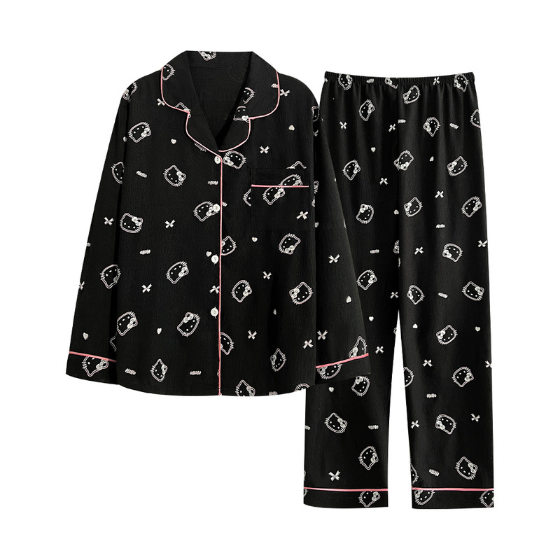 New Spring and Autumn Cloud Cotton Pajamas for Women, Cartoon Black KT Cat Homewear Set, Wearable as Outerwear, Lapel Pajamas for Summer