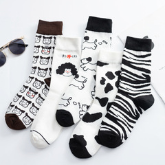 Black Socks with Girl's Side Leather Mid-Center Ins Trendy Brand Japanese Cute Cartoon Illustration Black and White Head Human High-Center Socks