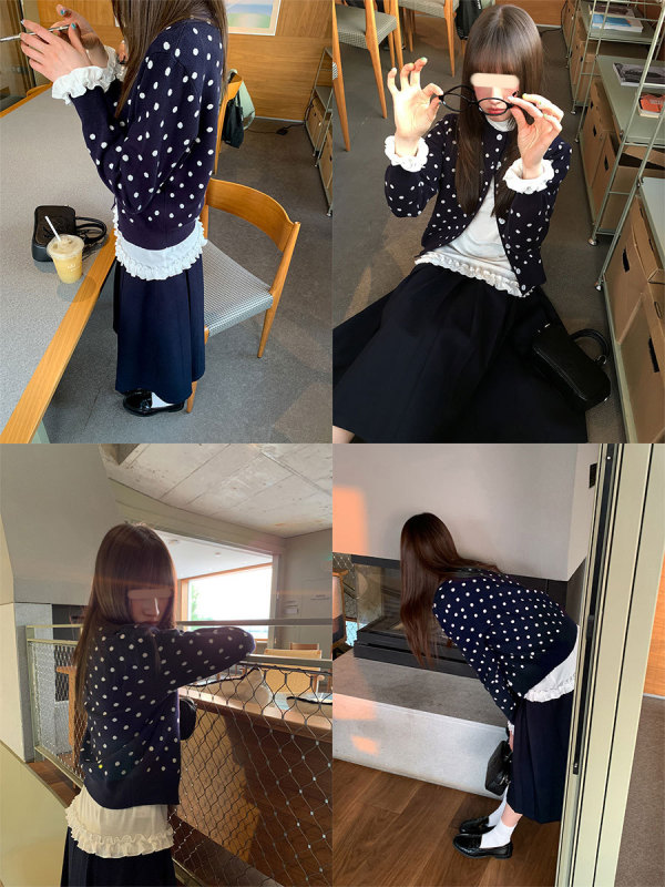 你好卡农 撞色波点提花针织开衫女秋季慵懒甜美风简约百搭上衣薄|undefined